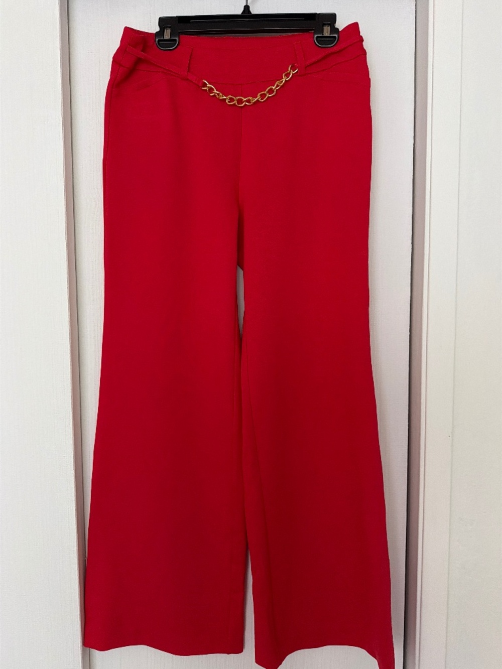New York & Company Red Wide Leg Pants Gold Chain Detail Size M
